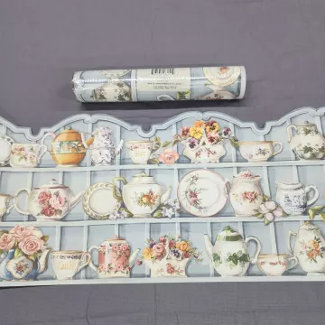 Westchester Blue Country Teapot Floral Wallpaper Border Prepasted Vinyl Sealed - Main