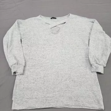 White Birch Women's M Sweater Heather Gray Cutout Criss Cross Neck Pullover - Front