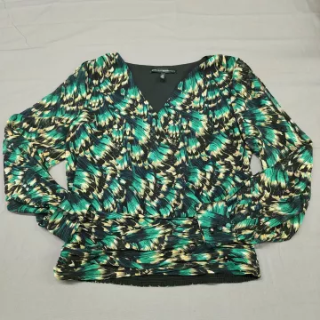 White House Black Market Blouse Size 10 Green Abstract Smocked Surplice V Neck - Front