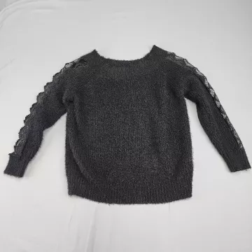 willow + root Off Shoulder Lace Trim Fuzzy Knit Sweater Dark Gray Women's M - Front