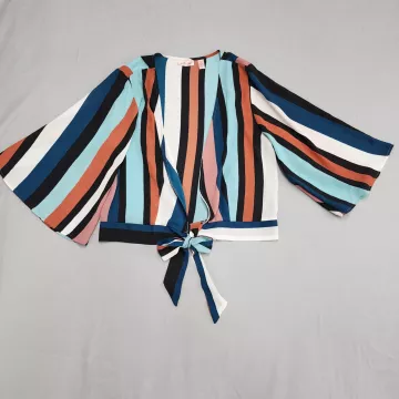 Willow + Root Womens L Multicolor Striped Tie Front Bell Sleeve Blouse Top - Front