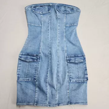 Windsor Strapless Denim Bodycon Dress Womens L Blue Cargo Pockets Stretch Mini - Front