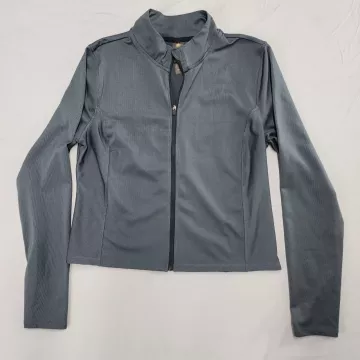 Women's Track Jacket Size L Gray Ribbed Knit Full Zip Stretch Thumbholes - Front