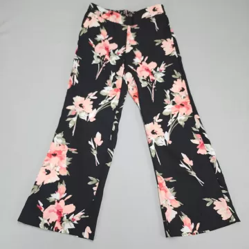 Womens Black Floral Wide Leg Pants Size 4 Pull On Elastic Waist - Front