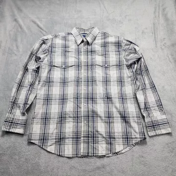 Wrangler Western Shirt Men's L Pearl Snap Plaid Blue White Long Sleeve Cotton - Front