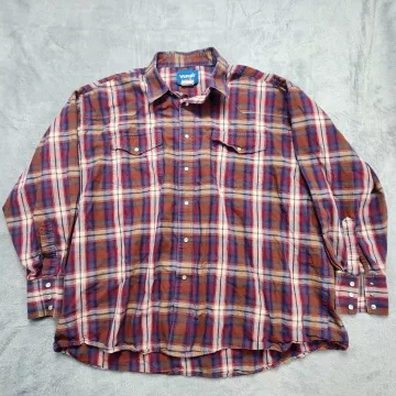 Wrangler Western Shirt Men's XL Red Blue Plaid Pearl Snap Long Sleeve Cotton - Front