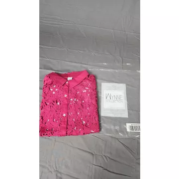 Wynne Collection Womens 3X Pink Lace Button Front Collared Short Sleeve Blouse - Main