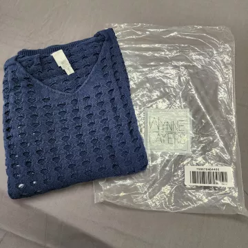 Wynne Layers Women's 3X Blue Cotton Open Knit Short Sleeve Pullover Sweater - Main