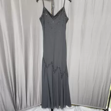 XSCAPE By Joanna Chen Beaded Mermaid Maxi Formal Dress Women's 12 Gray V-Neck - Front