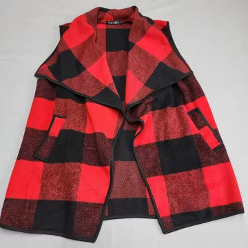 Yacun Womens Vest XL Red Black Buffalo Plaid Drape Open Front Knit Pockets - Front