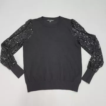 Zac & Rachel Womens Sweater Medium Black Sequin Sleeve Pullover Crew Neck - Front