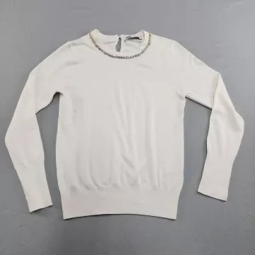ZARA Women's L Off-White Embellished Crew Neck Pullover Sweater Long Sleeve - Front