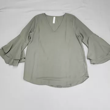 Zenana Outfitters Womens M Blouse Sage Green V-Neck 3/4 Tiered Bell Sleeve - Front