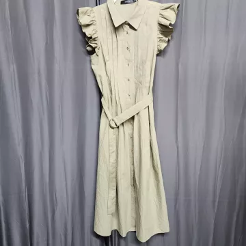 ZESICA Size S Olive Green Cotton Ruffle Sleeve Midi Shirt Dress Button Front - Front