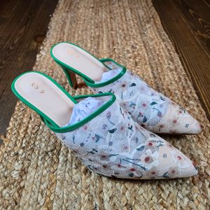 Allegra K Women's Lace Mesh Floral Embroidered Stiletto Heels Slide Mules White