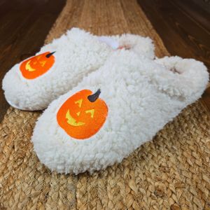 Dearfoams Women's Pumpkin Slide Slippers Jack-O-Lantern Cream Memory Foam 9-10