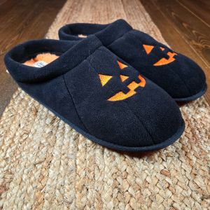 Dearfoams Slippers Halloween Black Orange Jack O Lantern Slides Unisex M 11-12