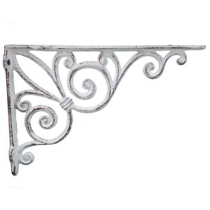 Cast Iron Shelf Bracket Fleur De Lis Distressed White Scroll Brace 11.375" Deep