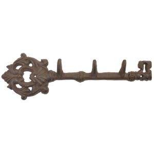 Cast Iron Skeleton Key Wall Hook Rack – 3 Hook Rustic Brown Key-Shaped Hanger