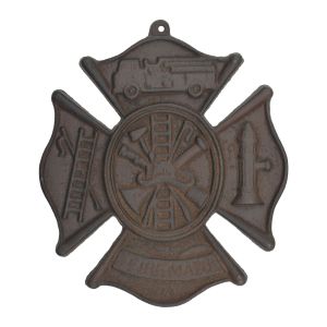 Firefighting Firemans Cross Hanging Wall Plaque Rust Brown Cast Iron 7.75" W