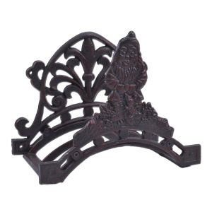 Garden Hose Holder Gnome & Bunny Rabbit Distressed Red Cast Iron 10.25" Wide