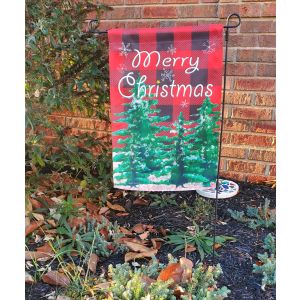 Merry Christmas Garden Flag Flannel Evergreen Trees Double Sided Yard Banner