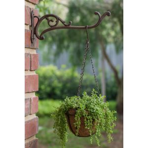 Decorative Plant Hanger Curly Vine Brown Cast Iron Flower Basket Hook 10" Deep