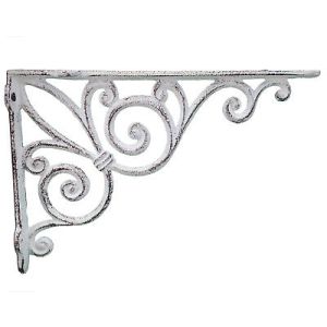 Shelf Bracket Ribbon Fleur De Lis Distressed White Cast Iron Brace 11.375" Deep