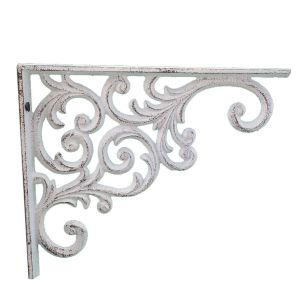 Wall Shelf Bracket Ornate Scroll White Cast Iron Rustic Angle Brace 9.375" Deep