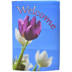 Welcome Garden Flag Purple & White Tulips Double Sided Banner Yard Decor