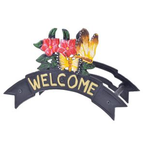 Welcome Garden Hose Holder Reel Butterflies & Flowers Black Cast Iron 12.38" W