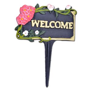 Welcome Garden Sign Pink Flowers Black Cast Iron Yard Plaque Flower Bed 7" W N