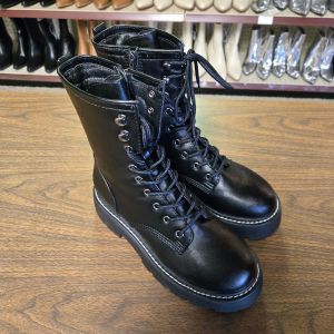 Women's Lug Combat Boots Black Logan Bootie Block Heel Memory Foam Insole
