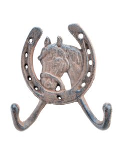Horse Head Horseshoe Western Double Wall Hook Rust Brown Cast Iron 5" Tall Coat