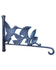Large Plant Hanger Basket Hook Hummingbird & Flower Verdigris Cast Iron 12.5"