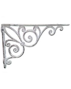 Shelf Bracket Ribbon Fleur De Lis Distressed White Cast Iron Brace 11.375" Deep