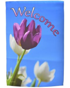 Welcome Garden Flag Purple & White Tulips Double Sided Banner Yard Decor