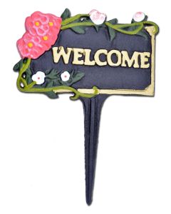 Welcome Garden Sign Pink Flowers Black Cast Iron Yard Plaque Flower Bed 7" W N